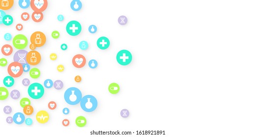 Pharmacy Background. Clinic Backdrop. Random Fall Health Care Icon. Medical Concept. Pharmaceutic Symbols. Colorful Circle Elements on White. Medicine Template. Layout Technology Vector Illustration.