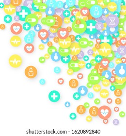 Pharmacy Background. Clinic Backdrop. Random Fall Health Care Icon. Medical Concept. Pharmaceutic Symbols. Colorful Circle Elements on White. Medicine Template. Layout Technology Vector Illustration.