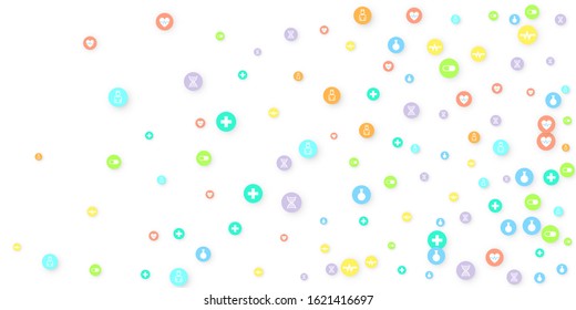 Pharmacy Background. Clinic Backdrop. Random Fall Health Care Icon. Medical Concept. Pharmaceutic Symbols. Colorful Circle Elements on White. Medicine Template. Layout Technology Vector Illustration.