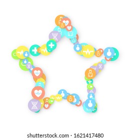 Pharmacy Background. Clinic Backdrop. Random Fall Health Care Icon. Medical Concept. Pharmaceutic Symbols. Colorful Circle Elements on White. Medicine Template. Layout Technology Vector Illustration.