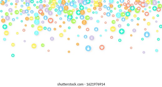 Pharmacy Background. Clinic Backdrop. Random Fall Health Care Icon. Medical Concept. Pharmaceutic Symbols. Colorful Circle Elements on White. Medicine Template. Layout Technology Vector Illustration.
