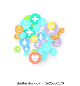 Pharmacy Background. Clinic Backdrop. Random Fall Health Care Icon. Medical Concept. Pharmaceutic Symbols. Colorful Circle Elements on White. Medicine Template. Layout Technology Vector Illustration.