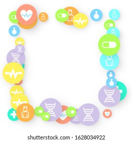 Pharmacy Background. Clinic Backdrop. Random Fall Health Care Icon. Medical Concept. Pharmaceutic Symbols. Colorful Circle Elements on White. Medicine Template. Layout Technology Vector Illustration.