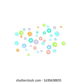 Pharmacy Background. Clinic Backdrop. Random Fall Health Care Icon. Medical Concept. Pharmaceutic Symbols. Colorful Circle Elements on White. Medicine Template. Layout Technology Vector Illustration.