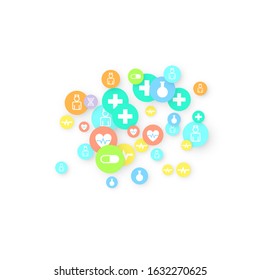 Pharmacy Background. Clinic Backdrop. Random Fall Health Care Icon. Medical Concept. Pharmaceutic Symbols. Colorful Circle Elements on White. Medicine Template. Layout Technology Vector Illustration.