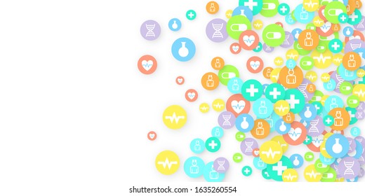 Pharmacy Background. Clinic Backdrop. Random Fall Health Care Icon. Medical Concept. Pharmaceutic Symbols. Colorful Circle Elements on White. Medicine Template. Layout Technology Vector Illustration.