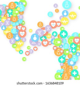 Pharmacy Background. Clinic Backdrop. Random Fall Health Care Icon. Medical Concept. Pharmaceutic Symbols. Colorful Circle Elements on White. Medicine Template. Layout Technology Vector Illustration.