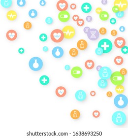 Pharmacy Background. Clinic Backdrop. Random Fall Health Care Icon. Medical Concept. Pharmaceutic Symbols. Colorful Circle Elements on White. Medicine Template. Layout Technology Vector Illustration.