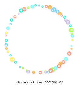 Pharmacy Background. Clinic Backdrop. Random Fall Health Care Icon. Medical Concept. Pharmaceutic Symbols. Colorful Circle Elements on White. Medicine Template. Layout Technology Vector Illustration.