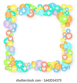 Pharmacy Background. Clinic Backdrop. Random Fall Health Care Icon. Medical Concept. Pharmaceutic Symbols. Colorful Circle Elements on White. Medicine Template. Layout Technology Vector Illustration.