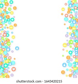 Pharmacy Background. Clinic Backdrop. Random Fall Health Care Icon. Medical Concept. Pharmaceutic Symbols. Colorful Circle Elements on White. Medicine Template. Layout Technology Vector Illustration.