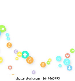 Pharmazie-Hintergrund. Klinischer Hintergrund. Symbol für zufällige Herbstkrankheiten im Gesundheitswesen. Medizinisches Konzept. Pharmakotherapeutische Symbole. Farbige Circle Elements auf Weiß. Vorlage für Arzneimittel. Illustration zur Vektorillustration der Layouttechnologie.