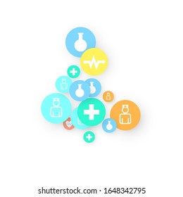 Pharmacy Background. Clinic Backdrop. Random Fall Health Care Icon. Medical Concept. Pharmaceutic Symbols. Colorful Circle Elements on White. Medicine Template. Layout Technology Vector Illustration.