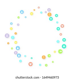 Fondo Farmacéutico. Fondo Clínico. Icono de atención médica de caída aleatoria. Concepto médico. Símbolos farmacéuticos. Coloridos elementos del círculo en blanco. Plantilla de Medicina. Ilustración vectorial de la tecnología de diseño.