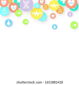 Fondo Farmacéutico. Fondo Clínico. Icono de atención médica de caída aleatoria. Concepto médico. Símbolos farmacéuticos. Coloridos elementos del círculo en blanco. Plantilla de Medicina. Ilustración vectorial de la tecnología de diseño.