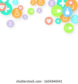 Pharmacy Background. Clinic Backdrop. Random Fall Health Care Icon. Medical Concept. Pharmaceutic Symbols. Colorful Circle Elements on White. Medicine Template. Layout Technology Vector Illustration.