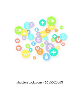 Pharmazie-Hintergrund. Klinischer Hintergrund. Symbol für zufällige Herbstkrankheiten im Gesundheitswesen. Medizinisches Konzept. Pharmakotherapeutische Symbole. Farbige Circle Elements auf Weiß. Vorlage für Arzneimittel. Illustration zur Vektorillustration der Layouttechnologie.