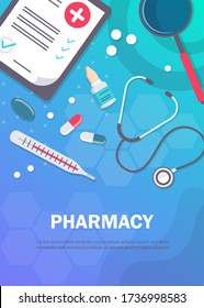 Pharmacy background, pharmacy design, pharmacy templates. Medicine, pharmacy, hospital set of drugs with labels. Medication, pharmaceutics concept. Different medical.