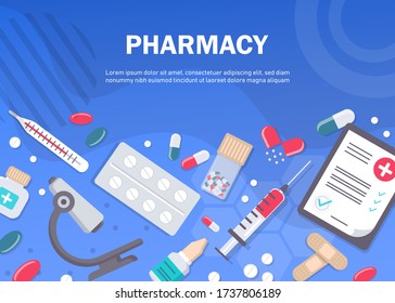 Pharmacy background, pharmacy design, pharmacy templates. Medicine, pharmacy, hospital set of drugs with labels. Medication, pharmaceutics concept. Different medical.