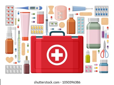 Pharmacy background. Different medical pills, plaster, thermometer, syringe and bottles. Vector illustration