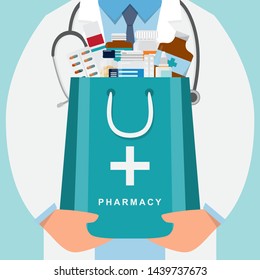 pharmacy background with doctor holding a medicine bag. drugstore cartoon character design vector illustration