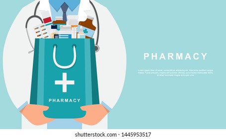 pharmacy background with doctor holding a medicine bag and copy space. drugstore cartoon character design vector illustration