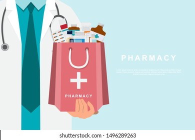 pharmacy background with doctor holding a medicine bag and copy space. drugstore cartoon character design vector illustration