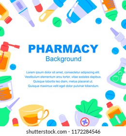 Pharmacy background in flat style. Vector illustration. Space for text.