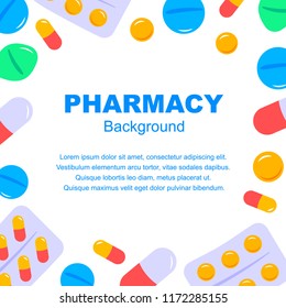 Pharmacy background in flat style. Vector illustration. Space for text.