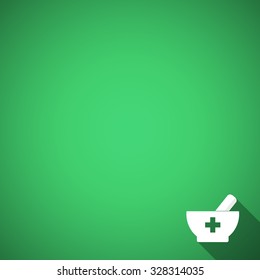 Pharmacy background. Mortar and pestle on green background. Pharmacy symbols. Mortar and pestle with cross. Empty template for your text.