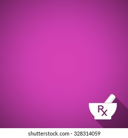 Pharmacy background. Mortar and pestle on purple background. Pharmacy symbol. Empty template for your text. Mortar and pestle with Rx sign - symbol of prescription.