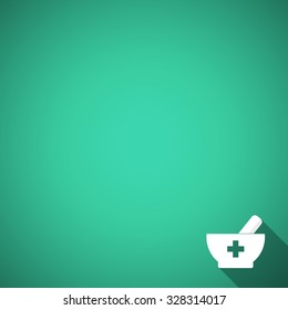 Pharmacy background with mortar and pestle. Pharmacy background for your text. Empty template. Flat style pharmacy design.