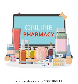 Pharmacy background. Online store concept. Different medical pills, plaster, thermometer, syringe and bottles. Vector illustration