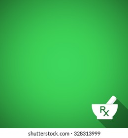 Pharmacy background with pharmacy symbols. Mortar and pestle with Rx sign - prescription symbol. Empty template.