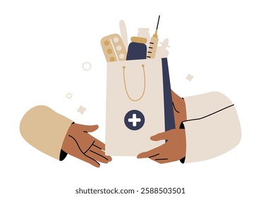 Pharmacy Bag With Medicine In Flat Vector Illustration Symbolizing Prescription Drug Delivery, Healthcare Services, And Medication Supply, Isolated On White Background