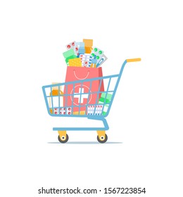Pharmacy bag with various medical pills and bottles in a shopping trolley. Pharmacy purchases. Drugstore concept. Healthcare objects.Vector illustration in a flat style.