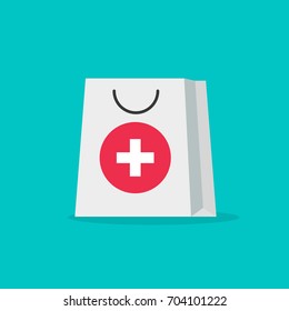 Pharmacy bag vector illustration, flat cartoon medical healthcare bag isolated, idea of logo of symbol