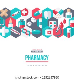 Pharmacy Banner With Flat Icons in Hexagons on White Background. Vector illustration. Medical Concept Frame. Drugs and Pills, Lab Tests, Medication. Place for your text