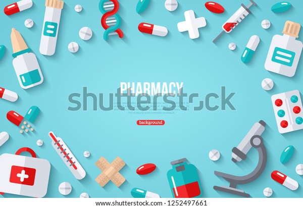 Pharmacy Banner Flat Icons On Blue Stock Vector (Royalty Free) 1252497661
