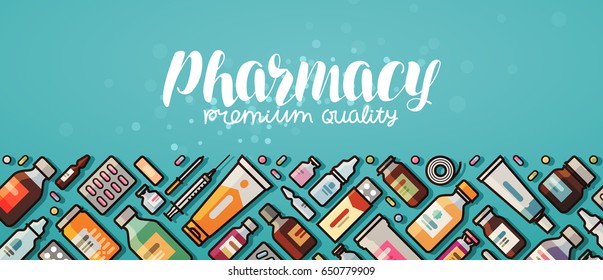 Pharmacy banner. Medicine, medical supplies, hospital concept. Vector illustration in flat style