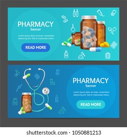 Pharmacy Banner Realistic Detailed 3d Horizontal Set Include of Pills Capsules in Medical Glass Bottle. Vector illustration of Banners