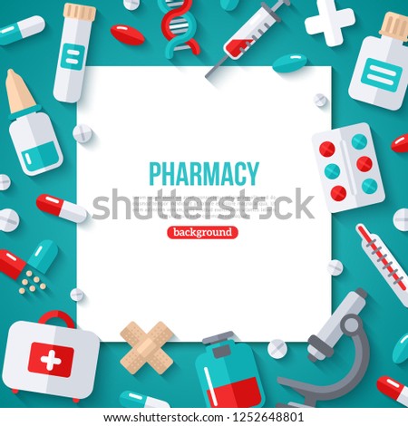 Pharmacy Banner With Square Frame and Flat Icons on Blue Background. Vector illustration. Medical Concept Frame. Drugs and Pills, Lab Tests, Medication