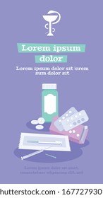 Pharmacy banner stories background with editable text and flat images of medical products pills and syringe vector illustration