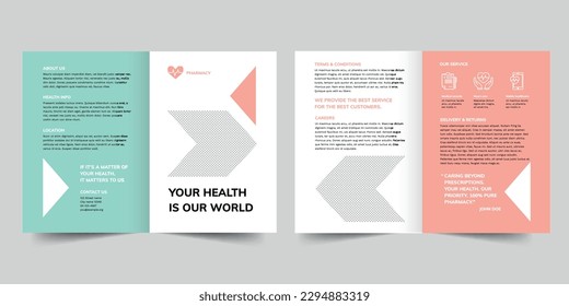 Pharmacy-Broschüre-Vorlage mit zwei Faltblättern. Ein sauberes, modernes und qualitativ hochwertiges Design mit einer Doppelbroschüre, Vektordesign. Broschüre bearbeiten und anpassen