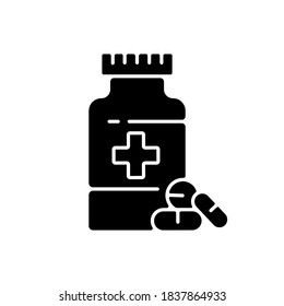 Pharmacy black glyph icon. Drugstore. Pharmaceutical industry. Drugs manufacturing. Pills prescription. Medical treatment. Silhouette symbol on white space. Vector isolated illustration