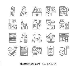 Pharmacy black icons set. Medical clinic communication with patient and medicaments. Signs for web page, mobile app, banner. Pictograms UI UX user interface. Vector clipart. Editable stroke