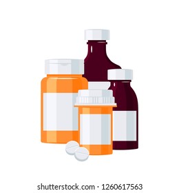 Pharmacy bottles concept. Orange and brown medicine vials. Vector illustration in flat style.