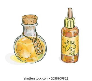 Pharmacy bottles with oil or essential oil. Vector illustration.
