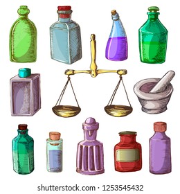 Pharmacy Bottles Vector Vintage Medical Glass Old Drug Container With Chemical Liquid Medicine And Scales Illustration Pharmaceutical Chemistry Set Isolated On White Background