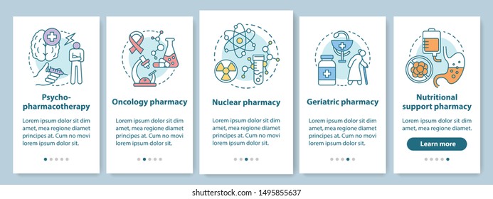 Pharmacy branch onboarding mobile app page screen with linear concepts. Nuclear and oncology drug research. Support medicine. Five walkthrough steps graphic instructions. UX, UI, GUI vector template